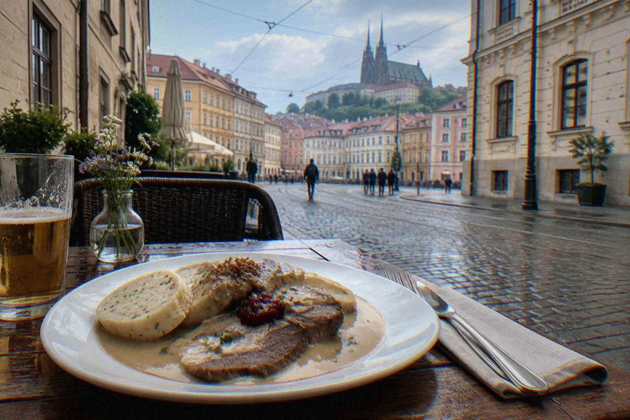 A plate of roast beef in cream sauce with bread dumplings on a restaurant table in Brno