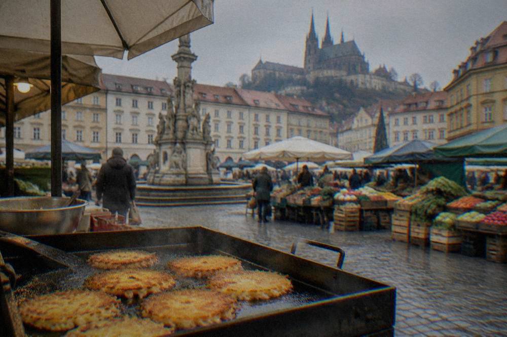 Golden potato pancakes frying on a griddle at an outdoor market stall