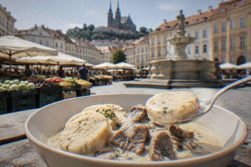 A bowl of cream sauce with sliced beef and bread dumplings, with a spoon lifting a dumpling