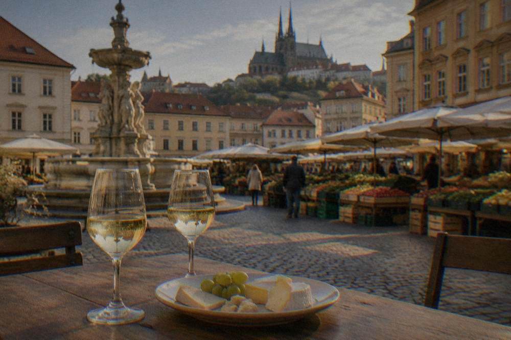 Two glasses of white wine on a wooden cellar table beside a plate of cheese