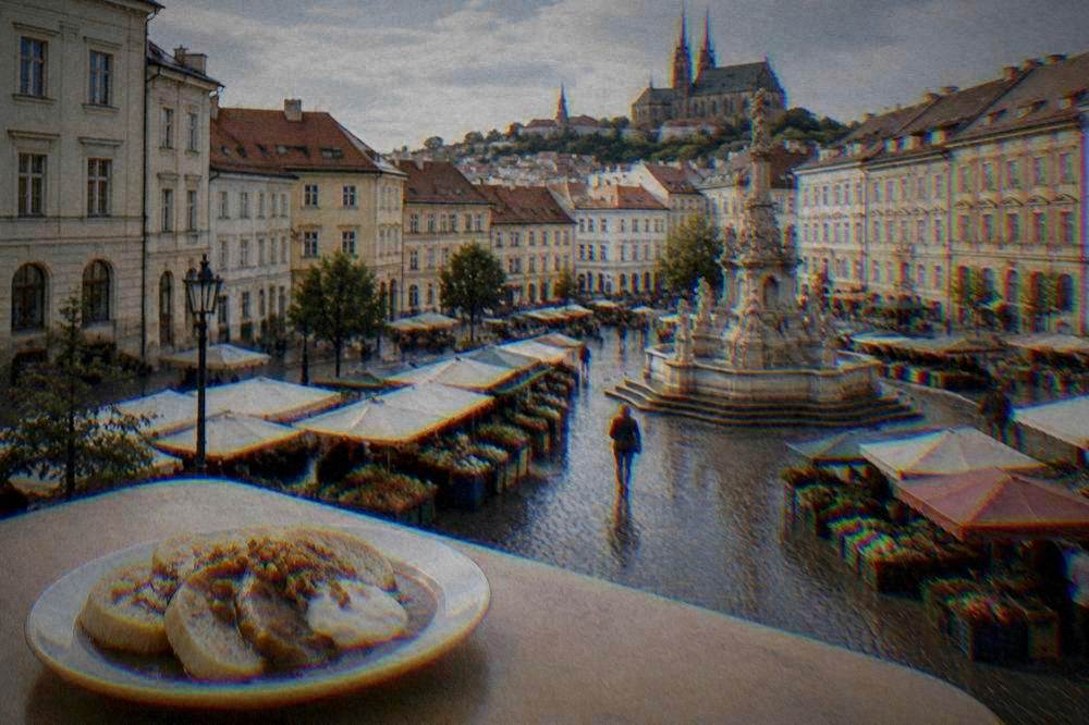 Plate of Czech dumplings and sauce on a plain table