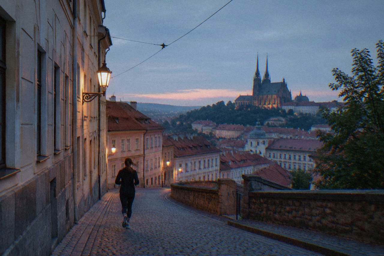 Evening view over Brno rooftops with the twin spires of the Cathedral of Sts Peter and Paul on Petrov Hill