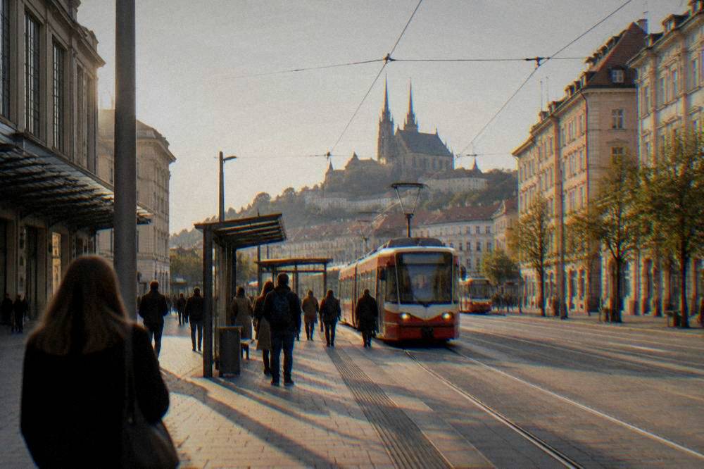 Trams and passengers outside Brno main train station in the morning