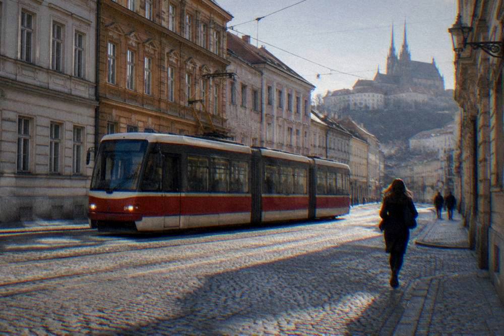 Tram crossing a Brno street with historic apartment facades behind it