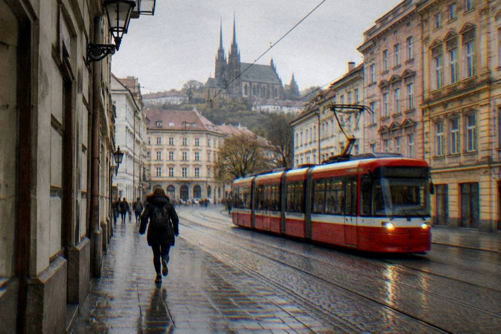 A red Brno tram passing historic buildings on a street in the city centre