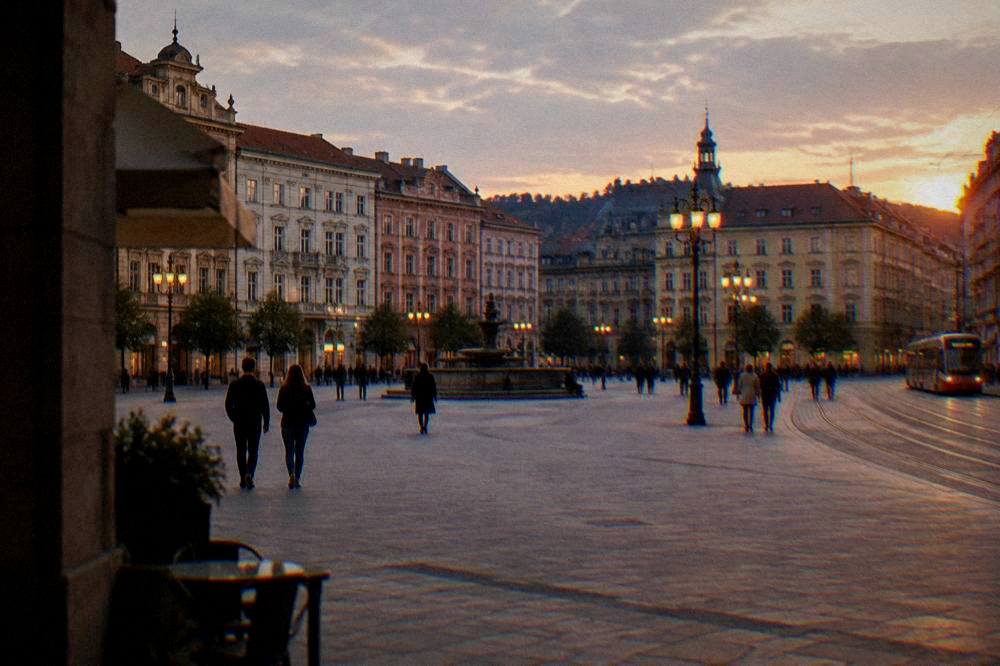 Evening lights on Freedom Square in Brno with people crossing the open space