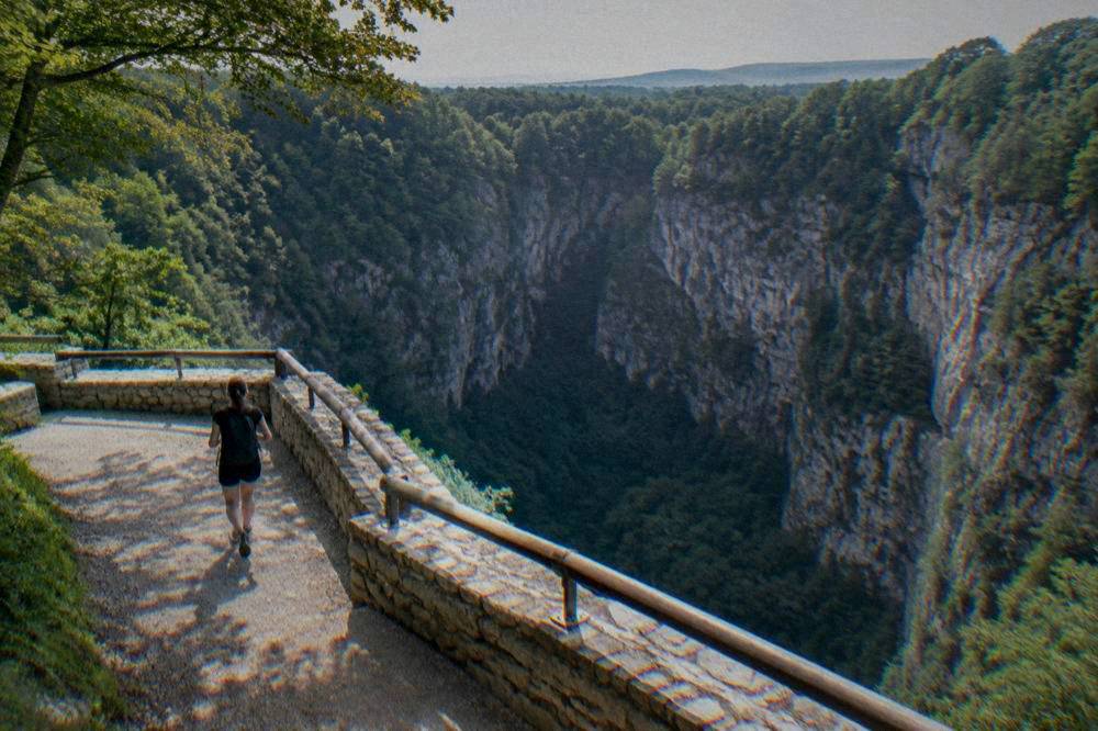 The steep forested walls of Macocha Abyss in the Moravian Karst seen from a viewing platform