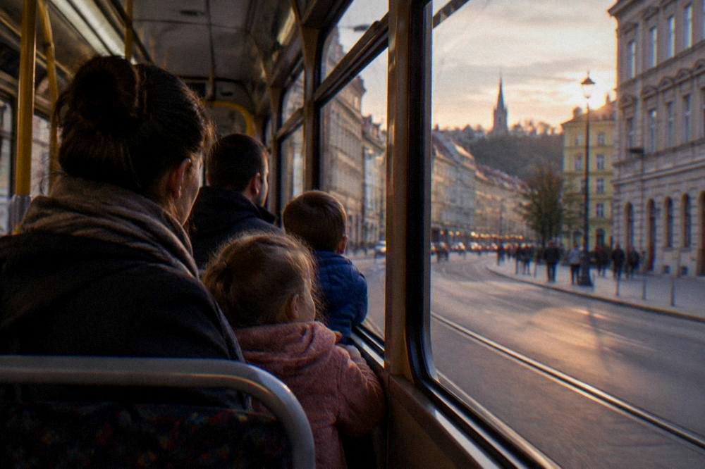 Parents and children riding a tram through a city street in the evening