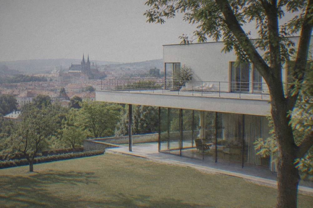 The main living space of a modernist villa with an open floor plan and a wall of windows