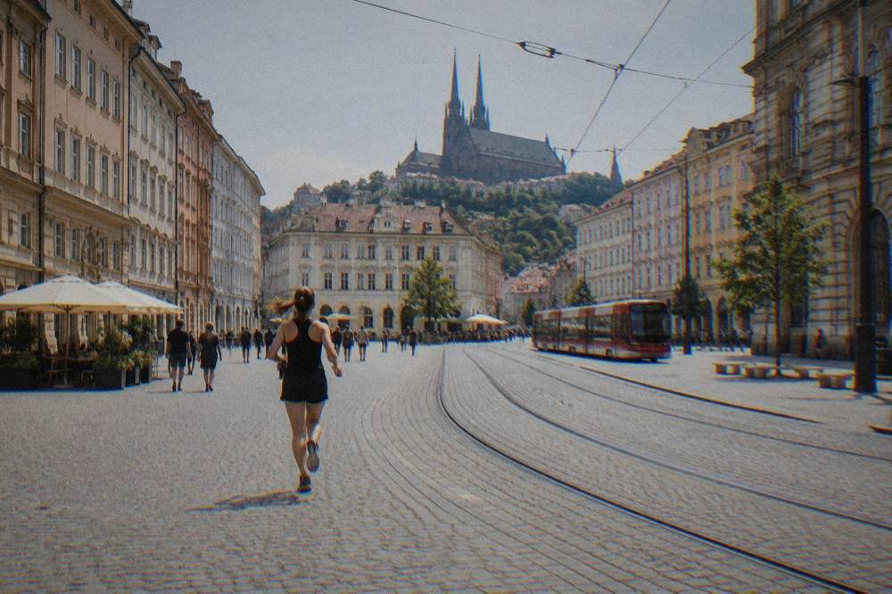 A wide city square in Brno with historic facades and a tram line curving through it