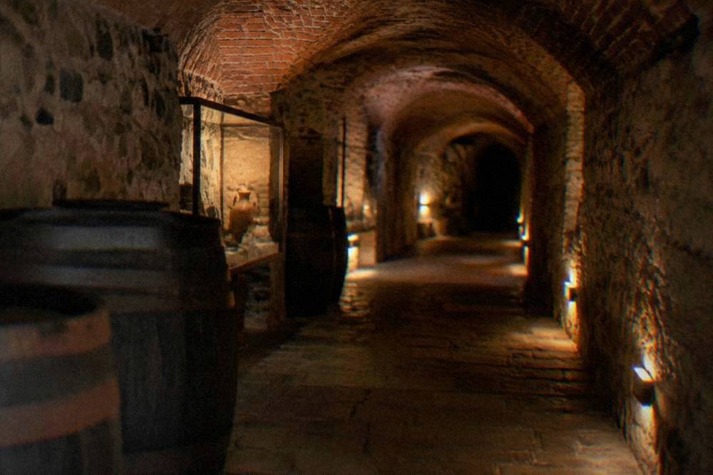 Medieval brick vaulted cellar with barrels and display rooms under a market square