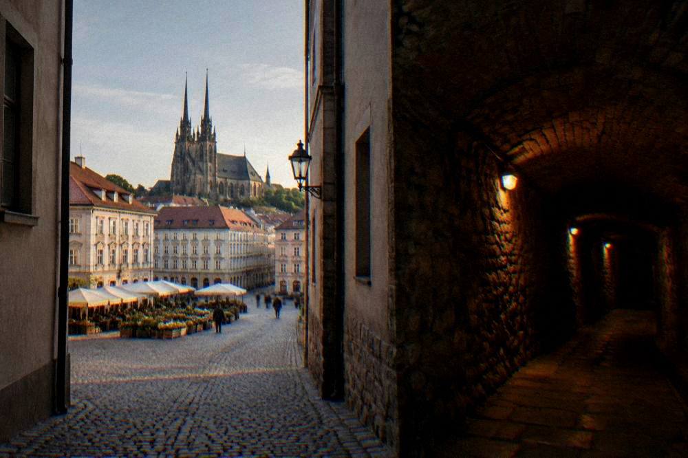 Cobblestone square with a market and church towers seen from a narrow old street in Brno