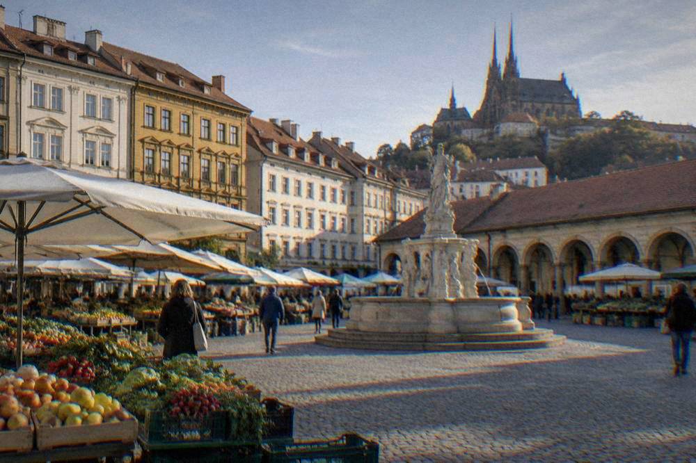 Produce stalls and the historic colonnade at the Cabbage Market in Brno on a sunny morning