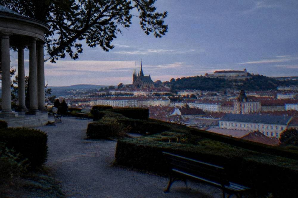 Panoramic view from the Denis Gardens lookout over Brno rooftops towards Špilberk Castle