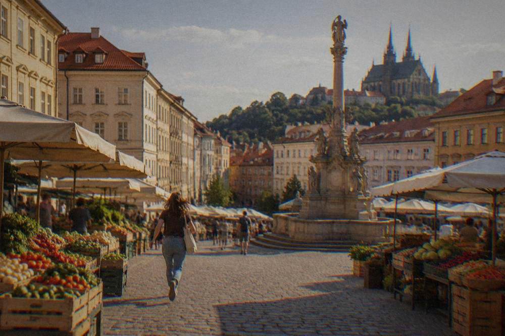 The market stalls and baroque column of the Cabbage Market square in Brno on a sunny day