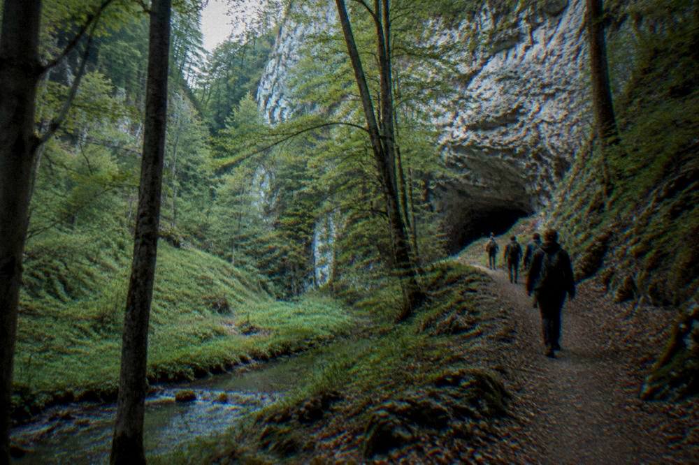 Hikers walking a marked forest trail toward a cave entrance in limestone hills