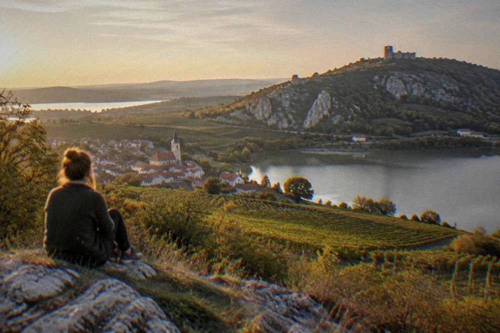 A hilltop castle above a small wine town with vineyards on the slopes